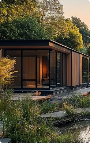 Modular outdoor living unit for compact garden or backyard spaces.