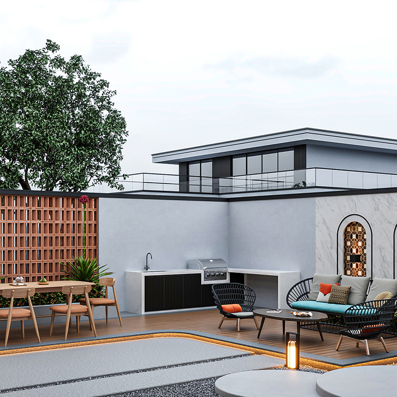 Patio setup highlighting outdoor furniture arrangement.