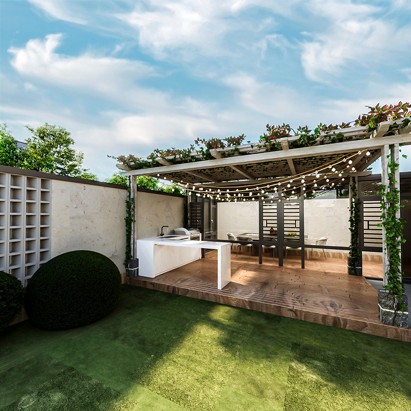 Patio and backyard furniture layout for functional outdoor use.