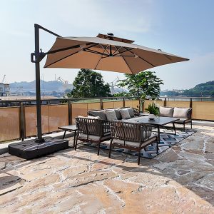 Backyard garden furniture setup designed for relaxation and outdoor use.