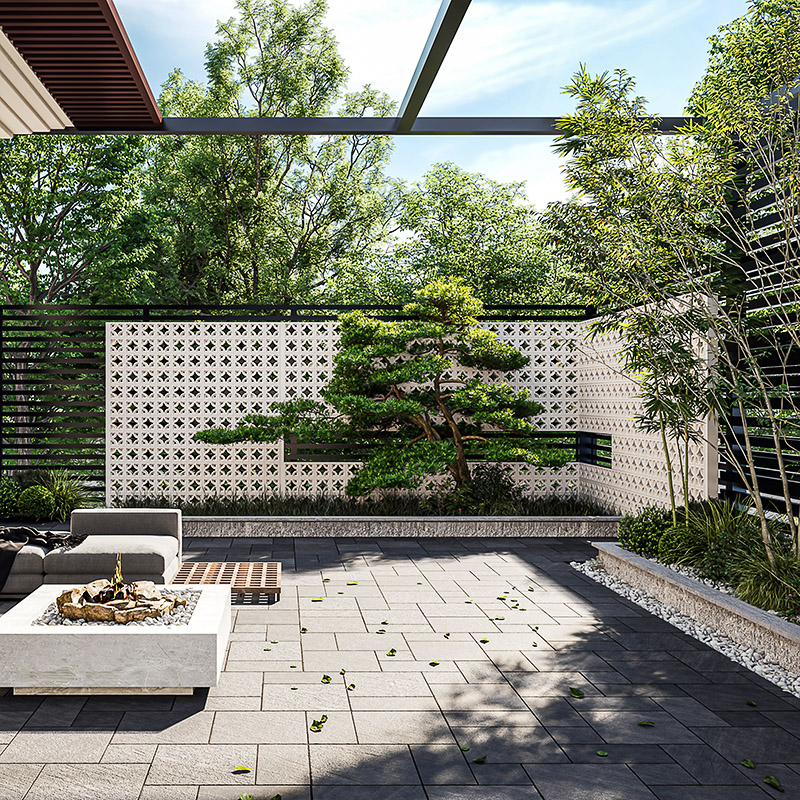 Patio furniture scene showcasing compact outdoor sofa and coffee table.