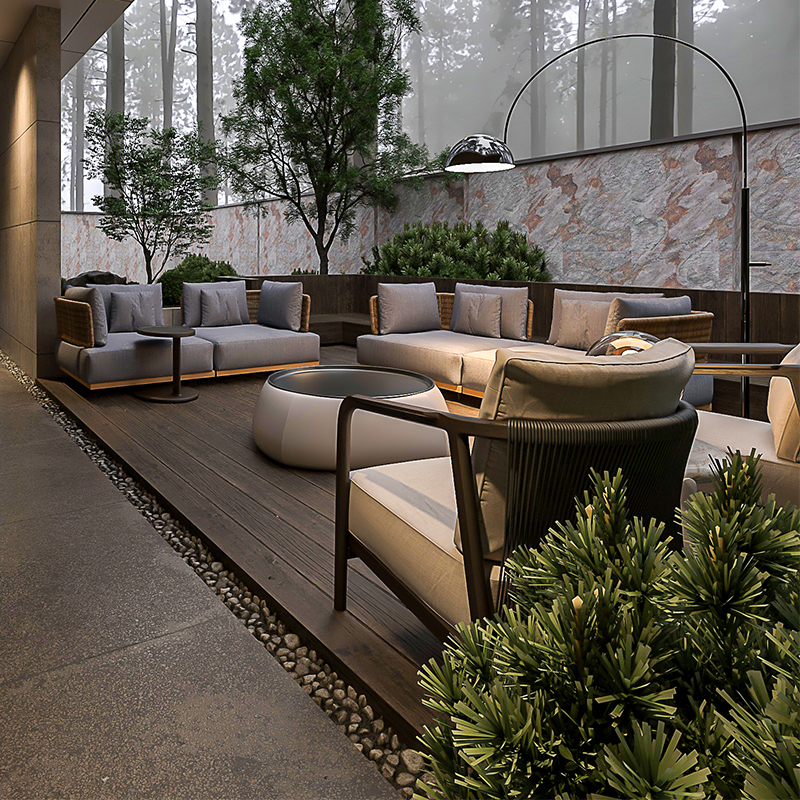 Decorative garden landscaping with outdoor patio elements.