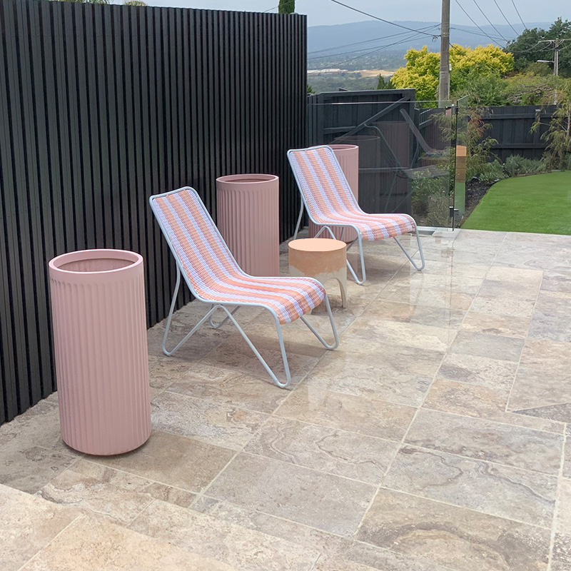 Patio and garden furniture arrangement with durable materials.